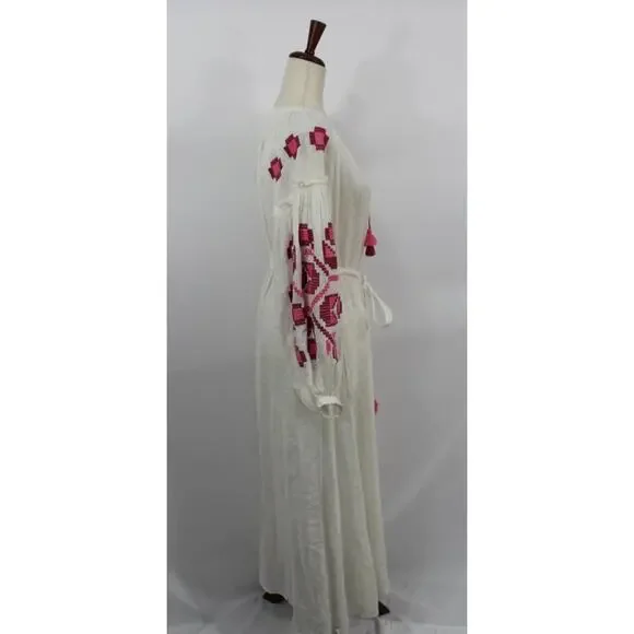 ELEVEN March 11 Sz XS Ivory Linen Pink Embroidered Belted Midi Dress - Picture 4 of 9